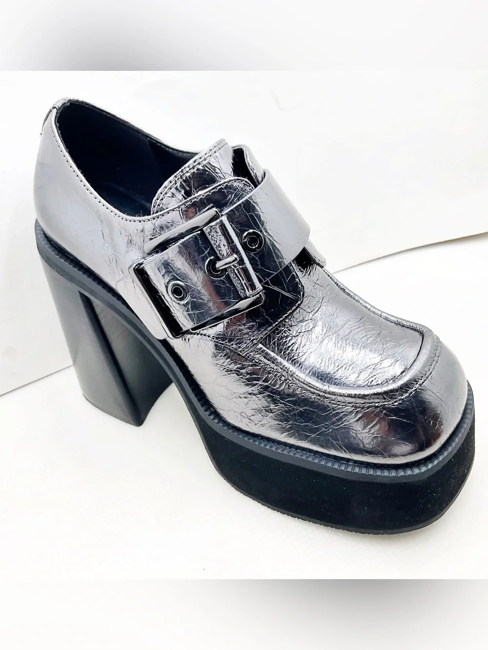 {MICHAEL Michael Kors} Colby Crackled Gunmetal Metallic Leather Platforms